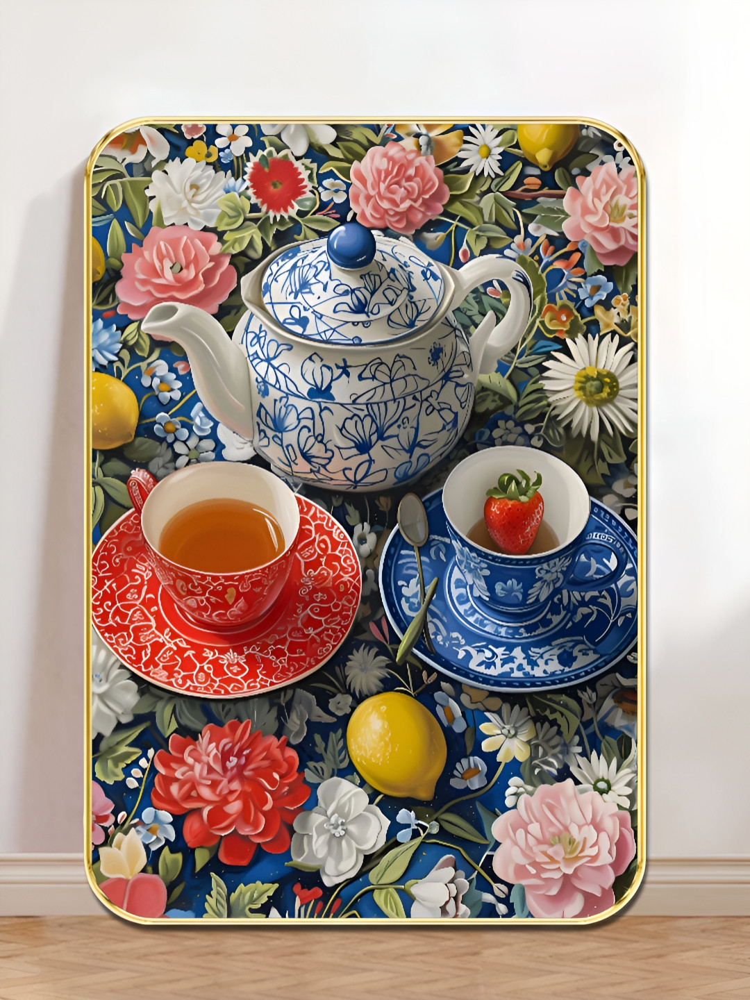 SAF Red & Blue Floral Tea Set With Lemons Printed MDF Wooden Wall Art