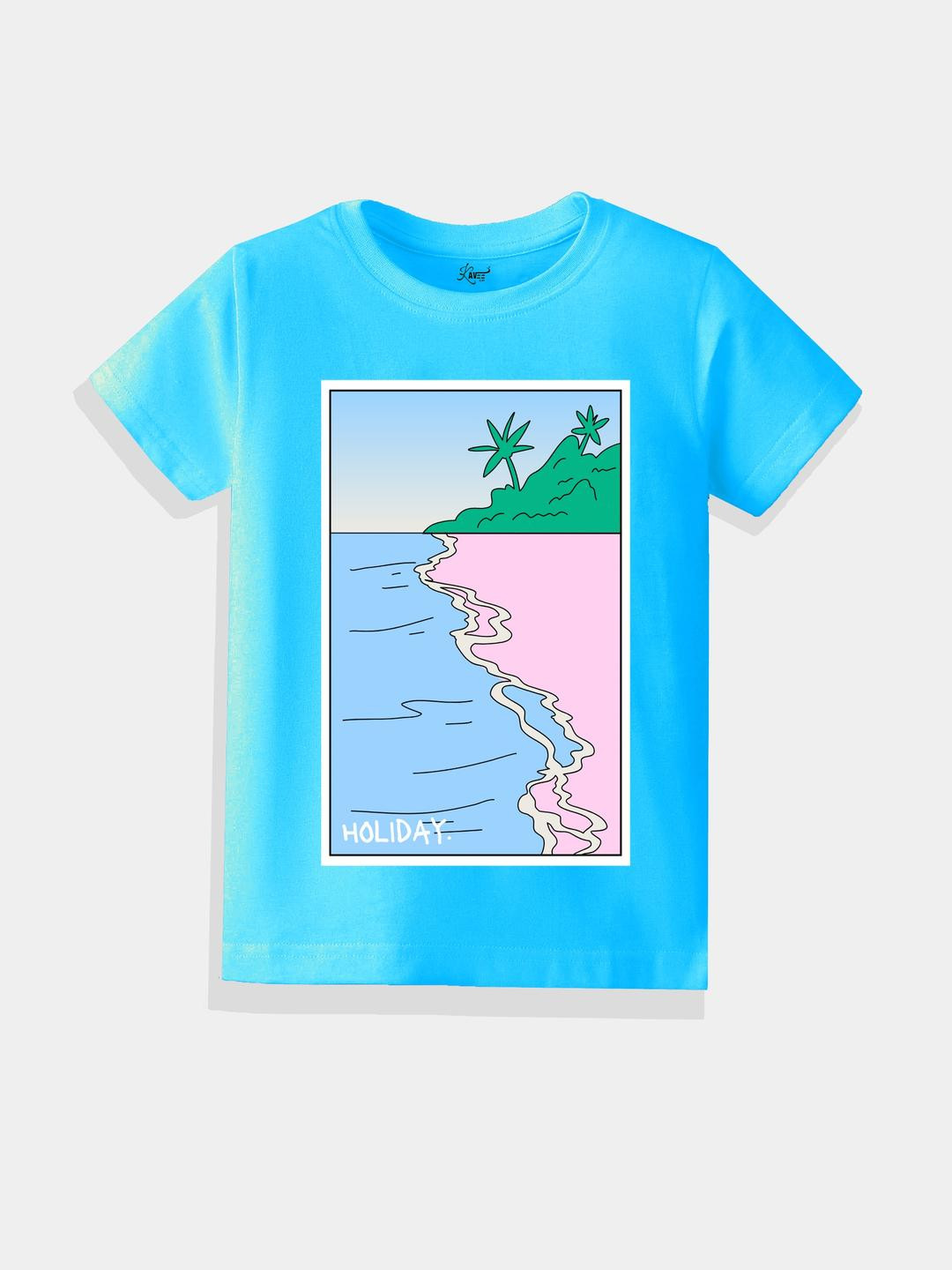 KAVEE Pure Cotton Half Sleeves Beach Theme Printed Bio Washed Tee - Sky Blue