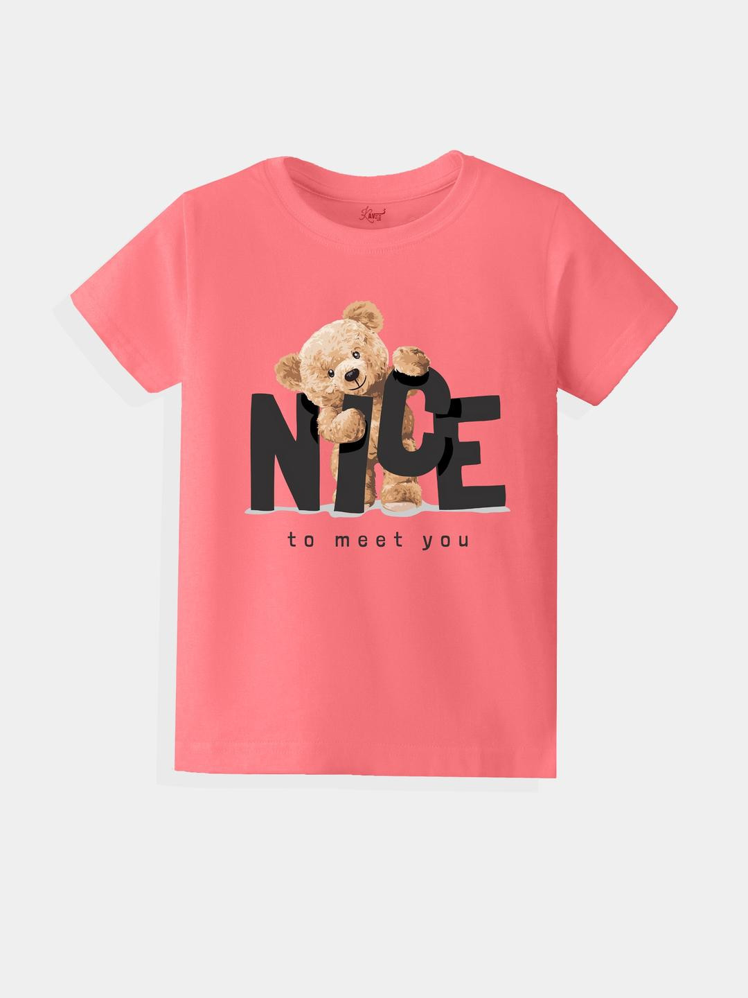 KAVEE Pure Cotton Half Sleeves Cute Teddy Bear & Nice Text Printed Bio Washed Tee -Peach