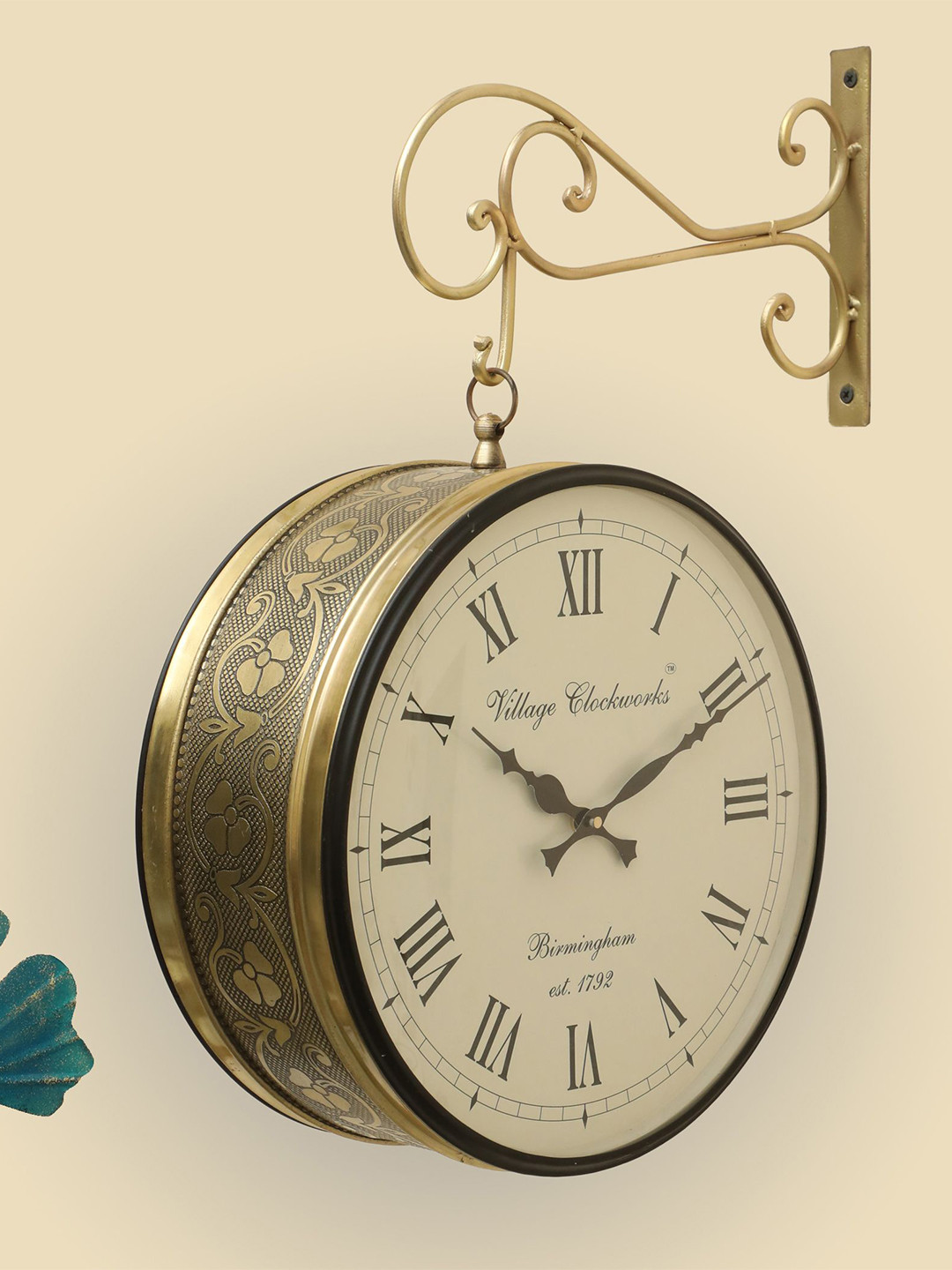 vedas Rutvi Beige & White Metal Railway Double Sided Wall Clock