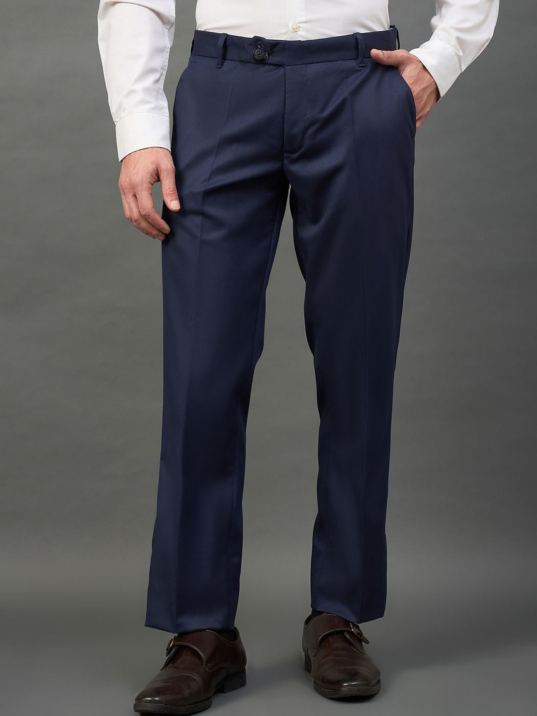 Navy Blue Regular Fit Mid-Rise Formal Trousers
