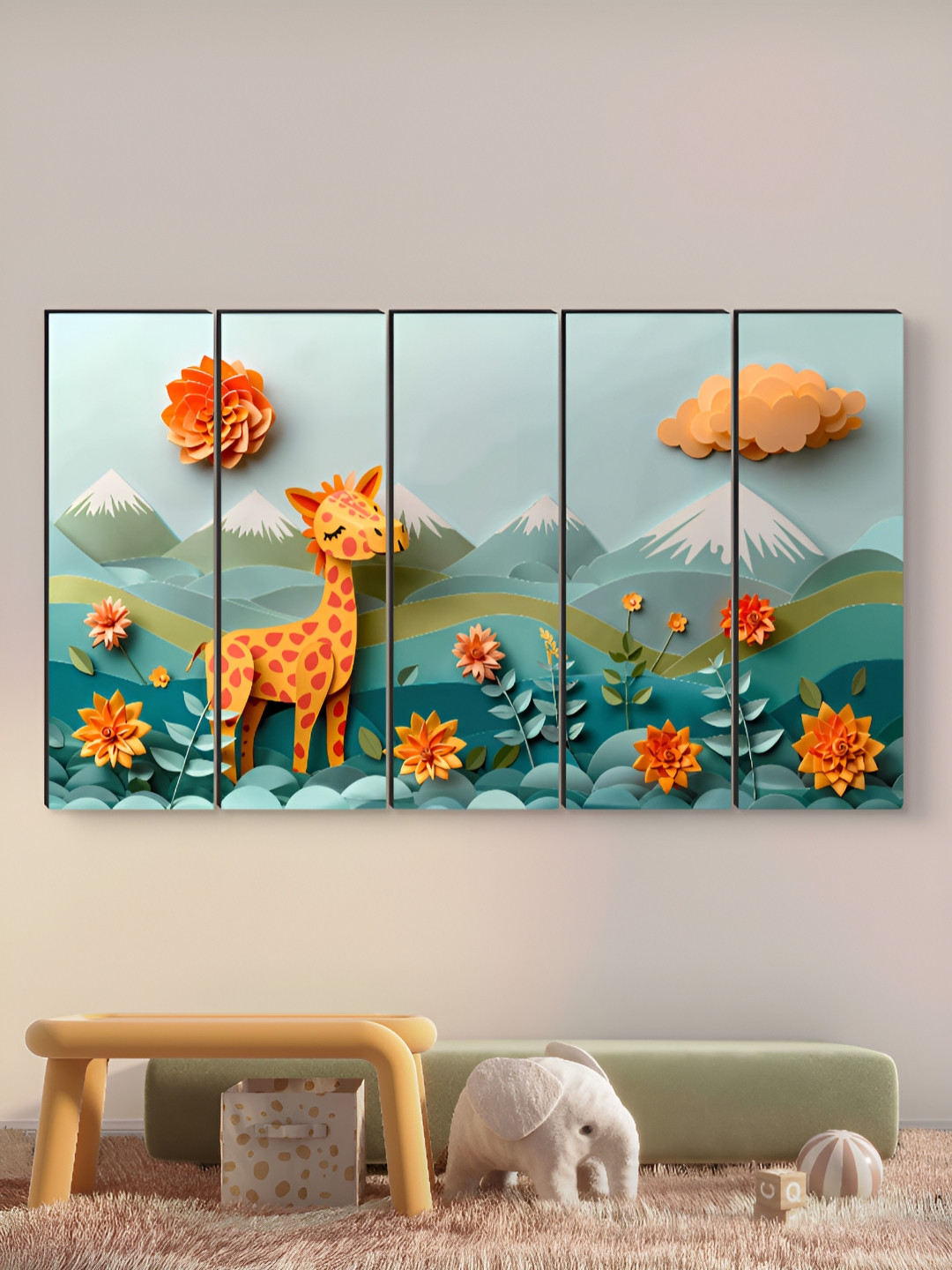 Myntra Elegant Homes Blue & Green 5 Pieces Cartoon Giraffe MDF Wooden Wall Art