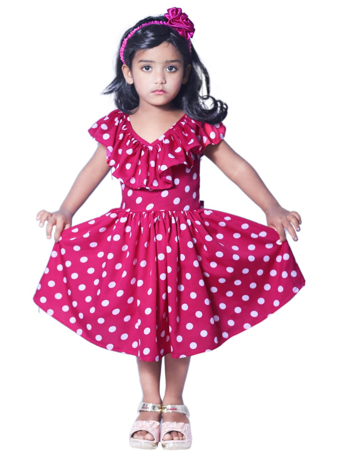 Shahina Fashion Girls Pink & White Polka Dot Printed A-Line Dress
