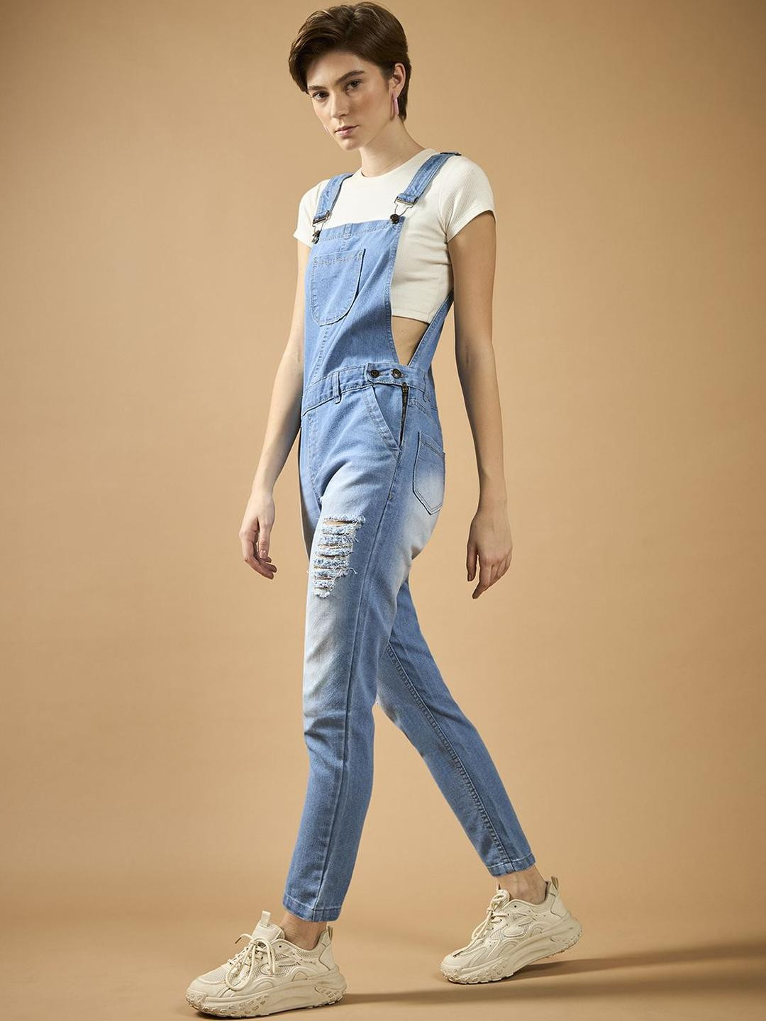 The Roadster Lifestyle Co Ankle Length Ripped Denim Dungaree With T-Shirt