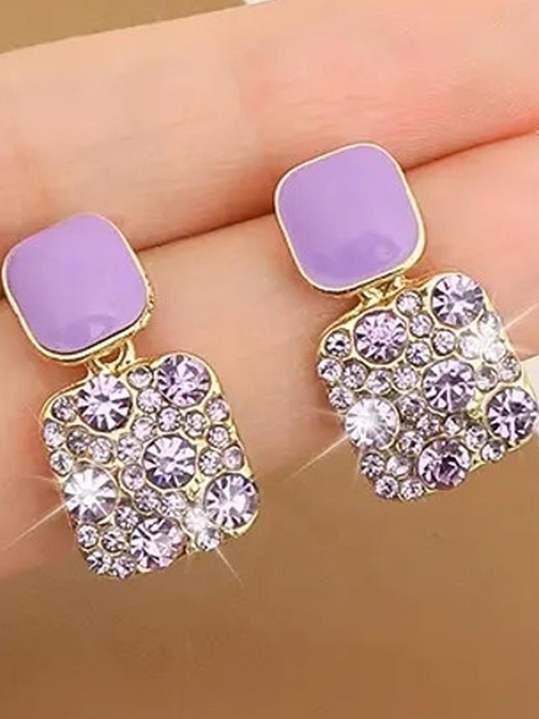 ONUYX Women's Purple Square Stone Studded Drop Earrings