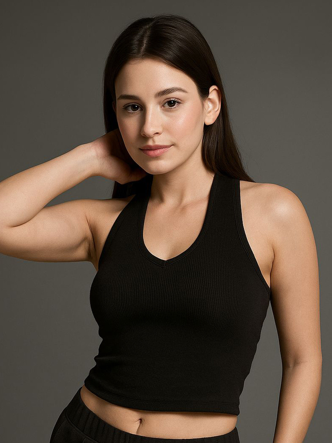 SZN Women Black Ribbed Halter Neck Backless Crop Top