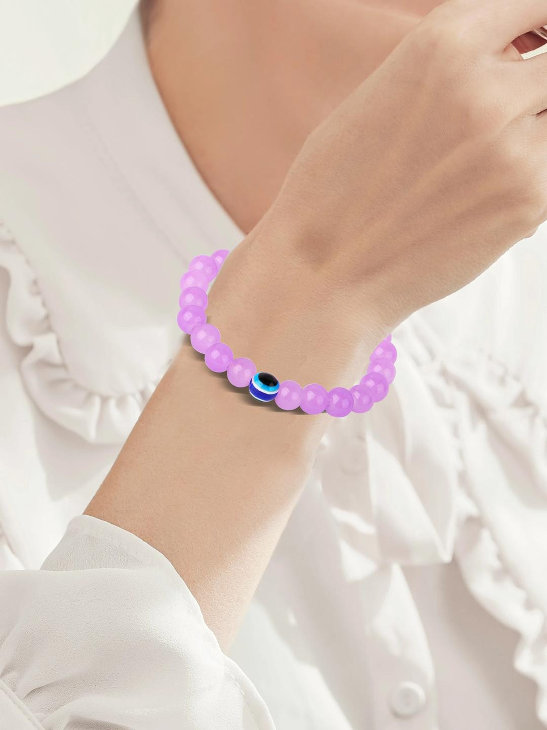 Rodya Unisex Set Of 2 purple Ceramic Evil Eye Artificial Beads Elasticated Bracelet