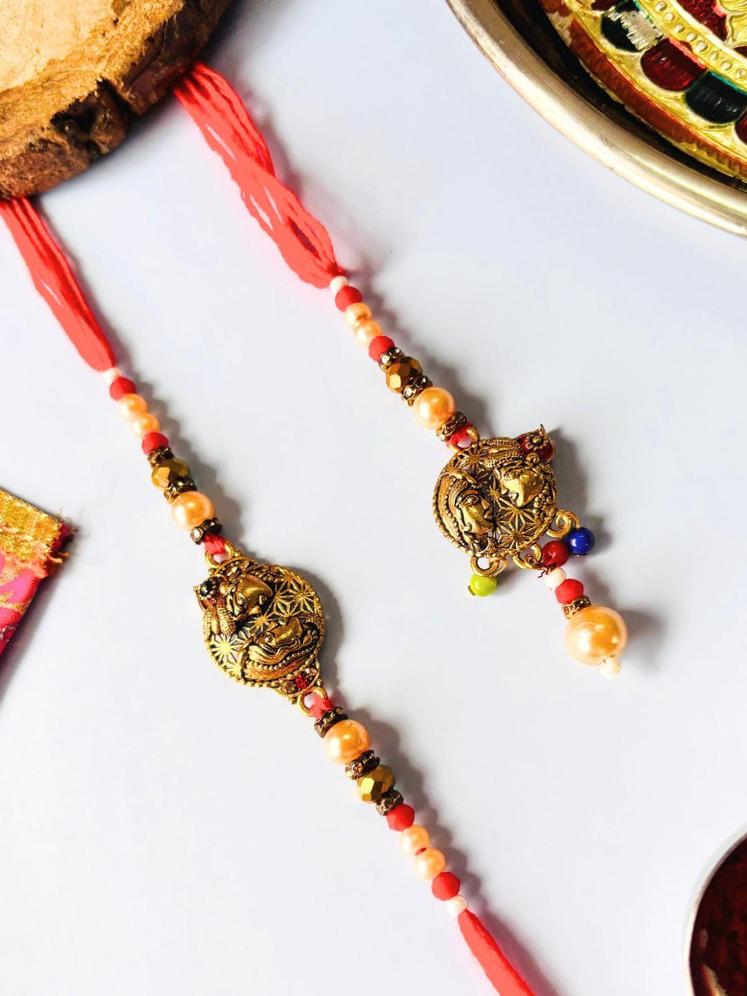 Red and Yellow Mirror Work Lumba Rakhi Set for Bhaiya Bhabhi Traditional Handmade Set of 2 pcs Rakhi and Lumba for Brother and Sister in Law