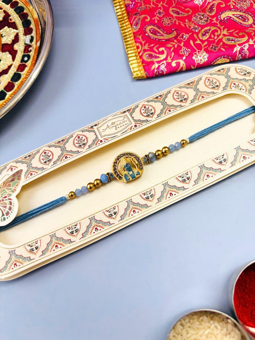 Jai Shri Ram Rakhi Blue Kundan Meenakari Rakhi Traditional Handmade Rakhi for Brother