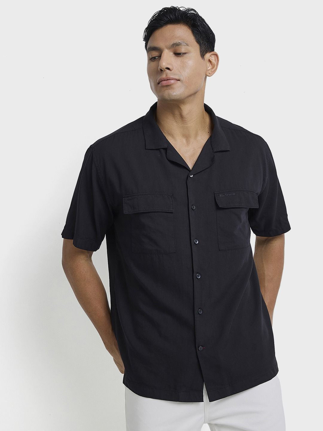 BEN SHERMAN Men Classic Fit Solid Cuban Collar Cotton Casual Shirt