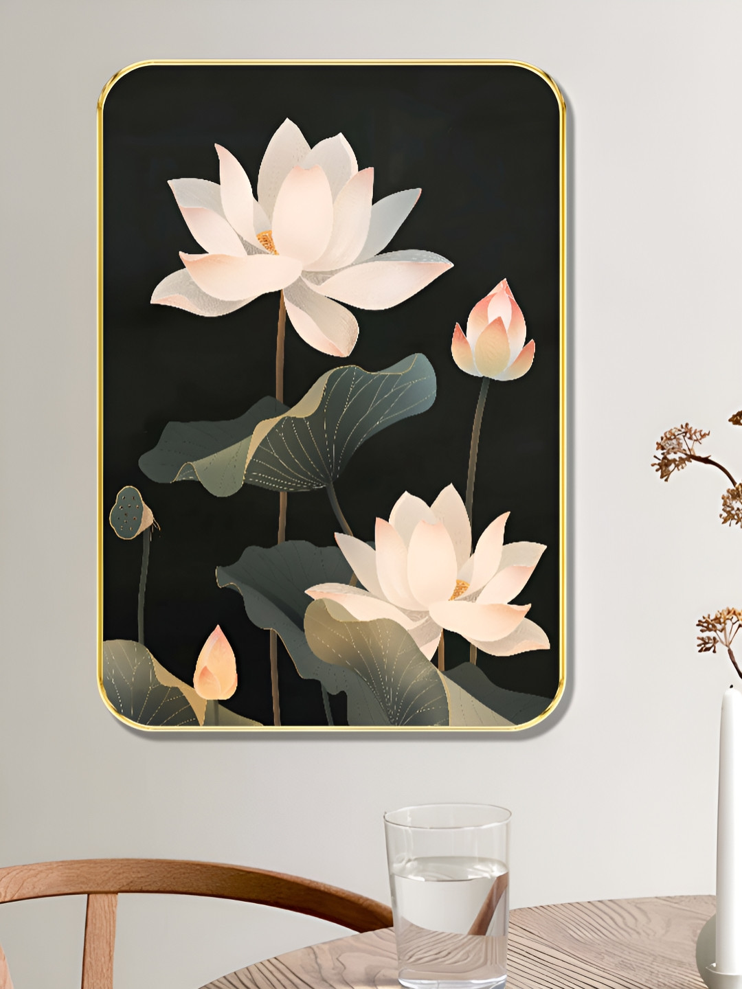 SAF White & Green Elegant White Lotus Printed MDF Wooden Wall Art