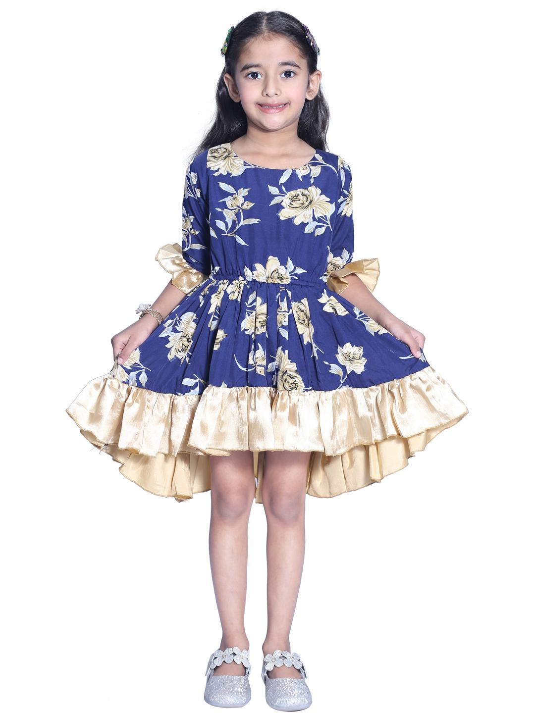 Shahina Fashion Girls Navy Blue Crepe Floral Printed Pleated Dress With Bell Sleeves