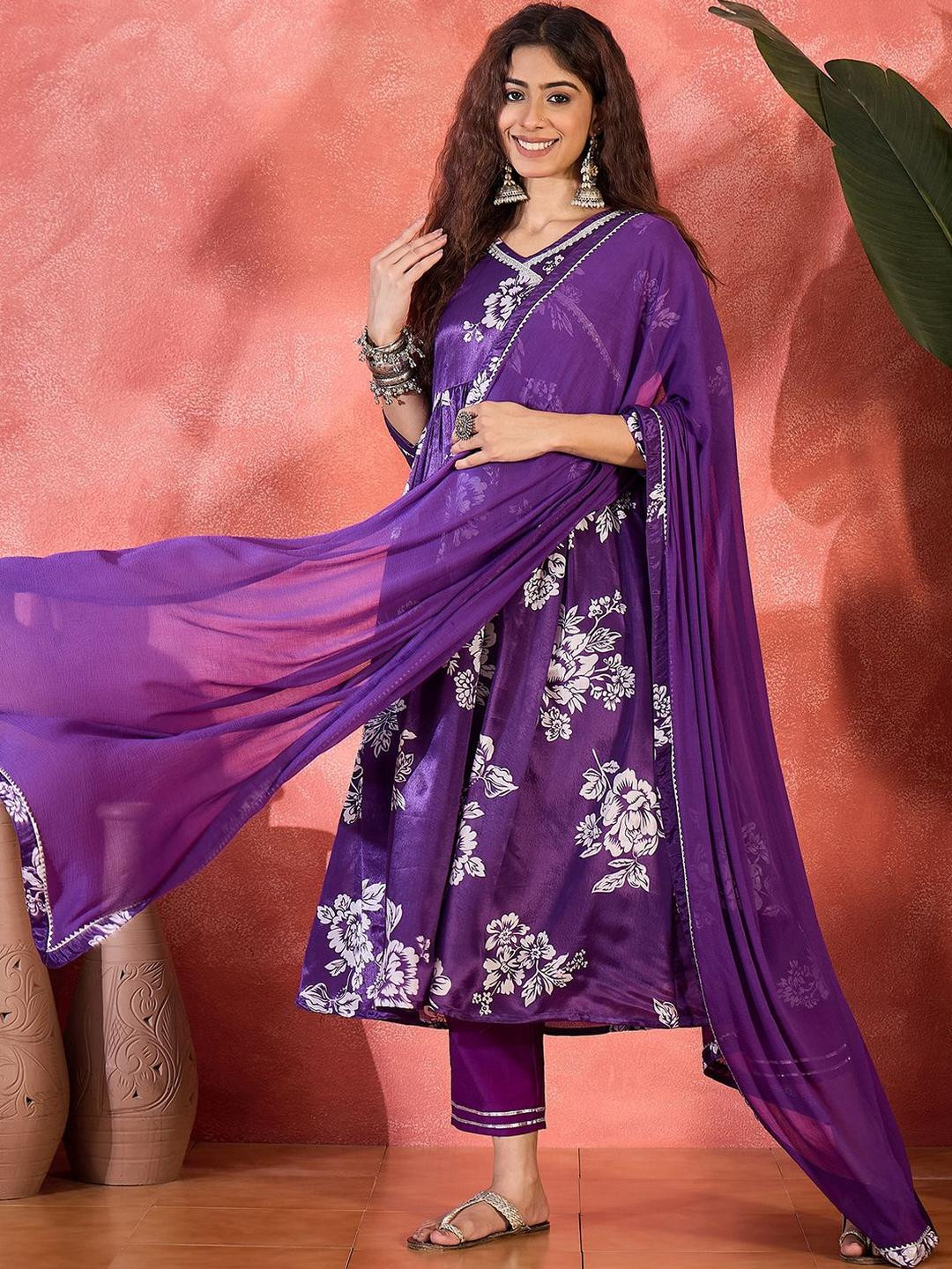 Sangria Floral Printed V-Neck Chinon A-Line Kurta With Trouser & Dupatta