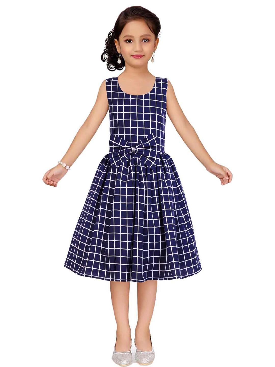 Shahina Fashion Girls' Navy Blue Check Printed Summer Dress