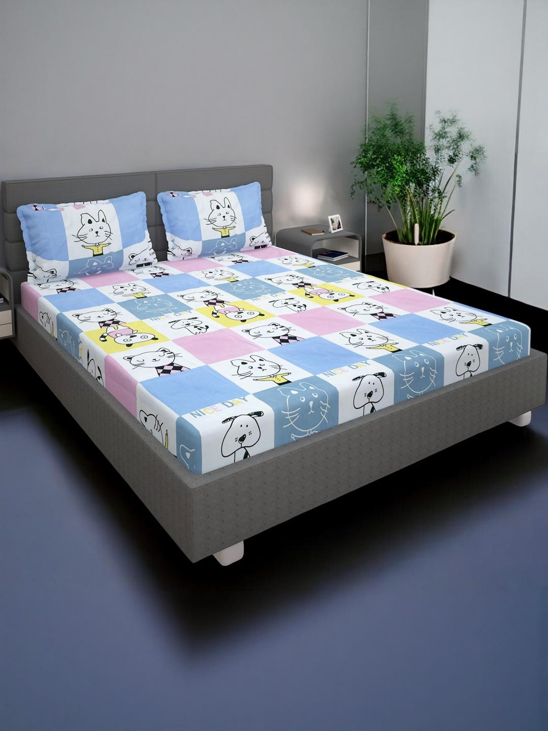 King Size Double Bed Elastic Fitted Bedsheet with 2 Pillow Cover