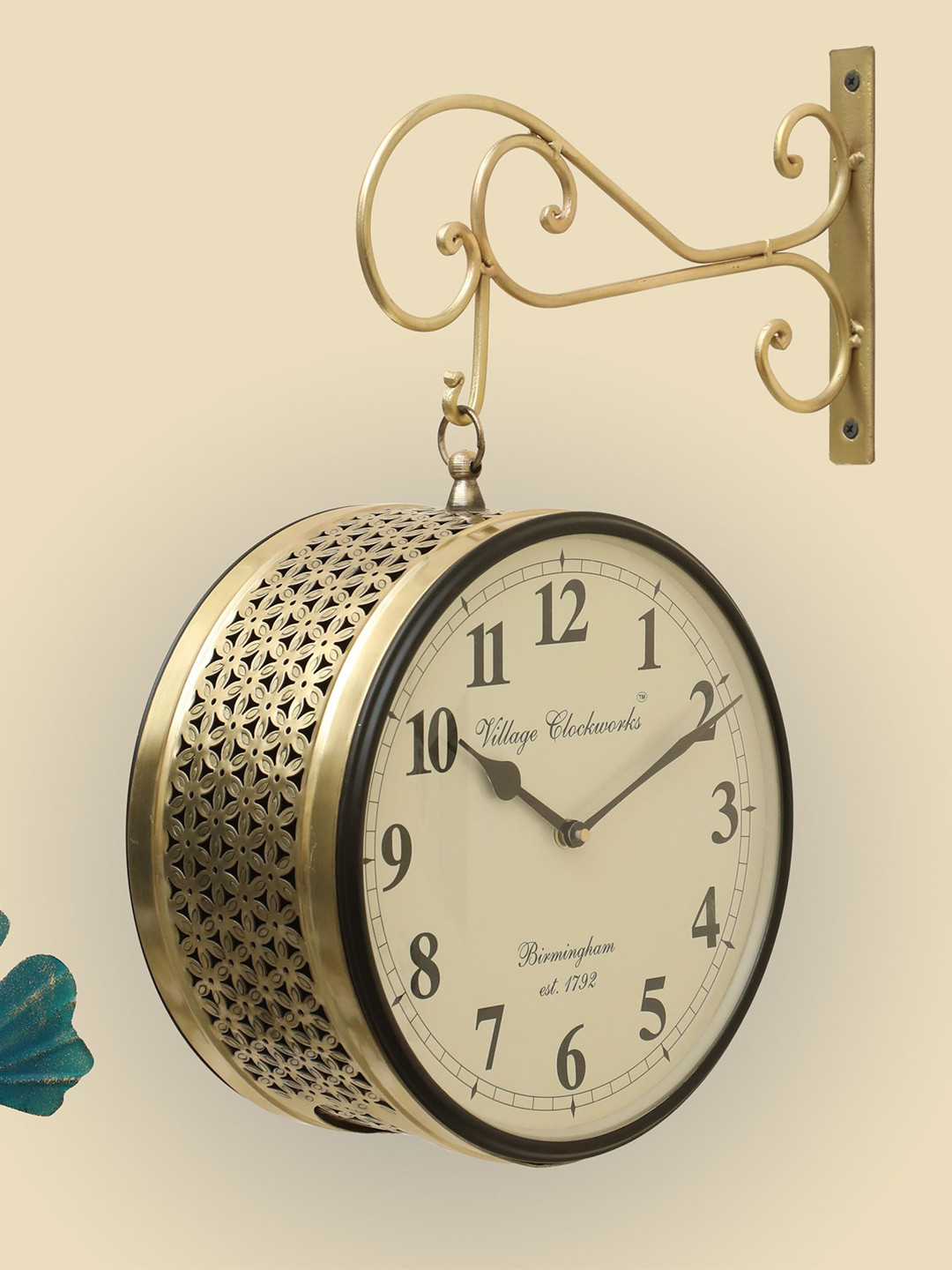 vedas Anvi Beige & White Metal Railway Station Double Sided Wall Clock