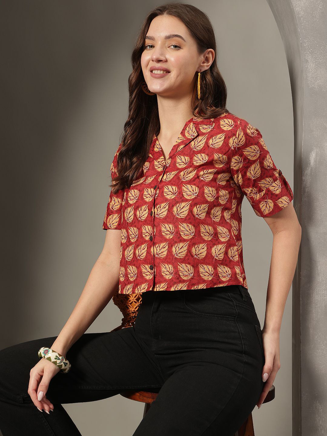 HERE&NOW Women Floral Printed designer Cotton Shirt Style Crop Top