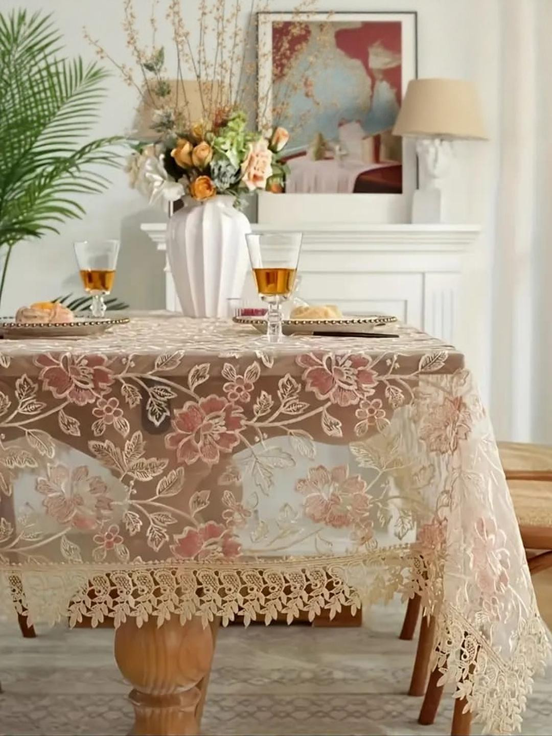 TANLOOMS Tissue Embroidered 8 Seater Rectangle Dining Table Cover