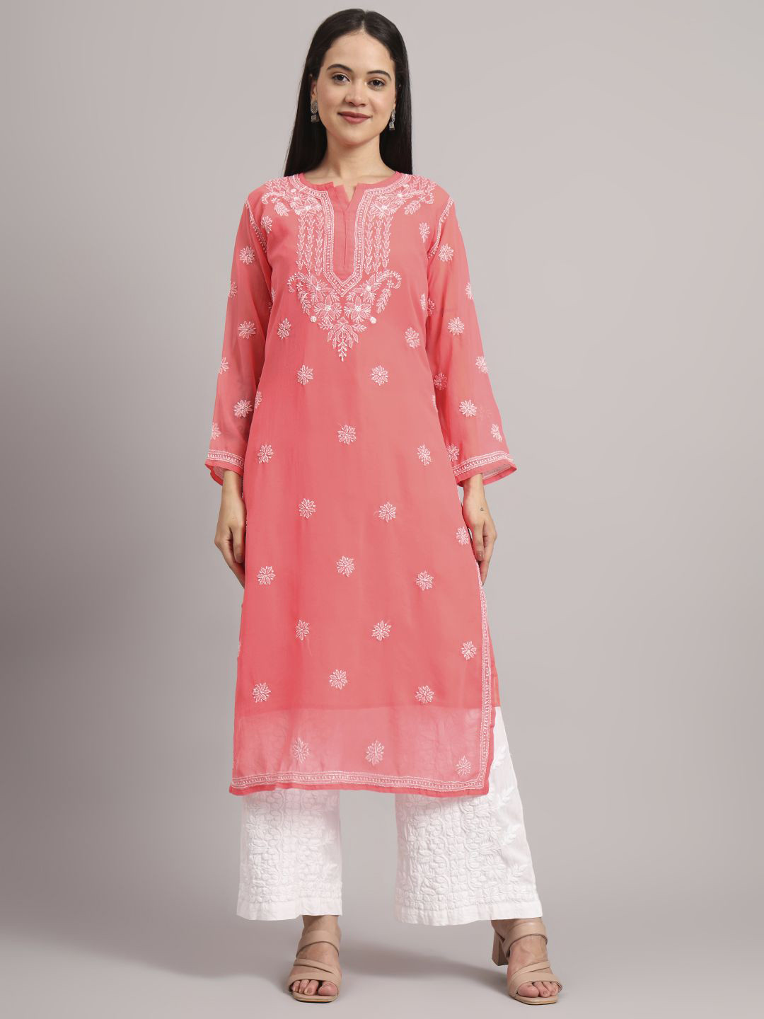 The Chikan Label Women Peach Darshana Georgette Chikankari Straight Kurti with Inner