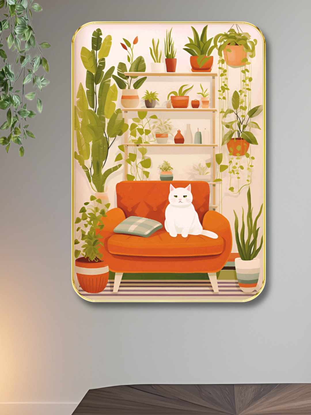 Livin'luxe Pink & Green Cozy Cat & Indoor Plant Wall Art