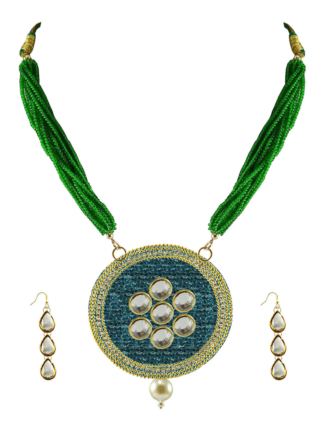 Vidhya Kangan Gold Plated Green beaded Necklace With Earrings