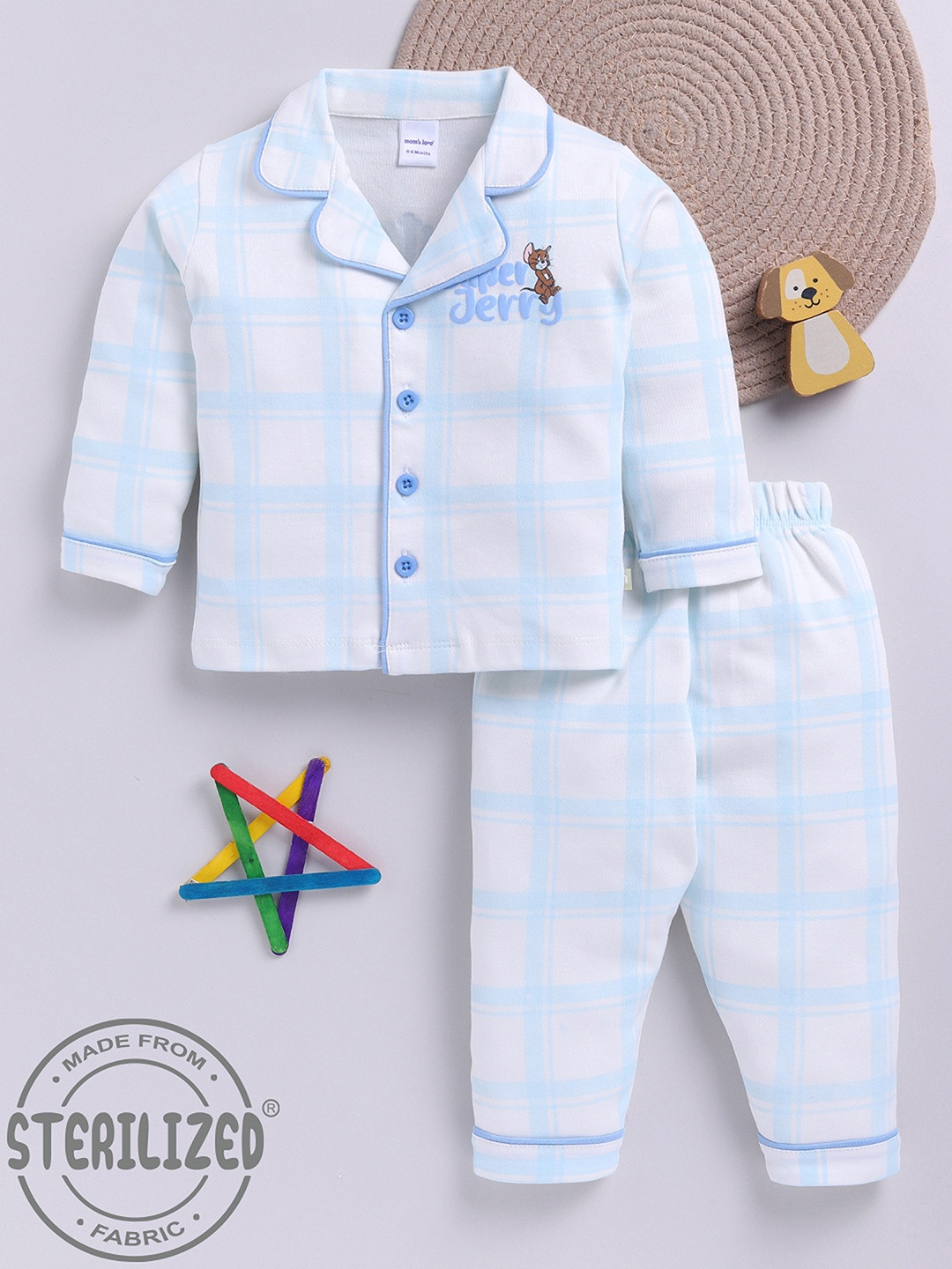 Moms Love Infant Boys Checked Tom & Jerry Pure Cotton Night Suit - MLS24557XXBNWTO_M.BLUE