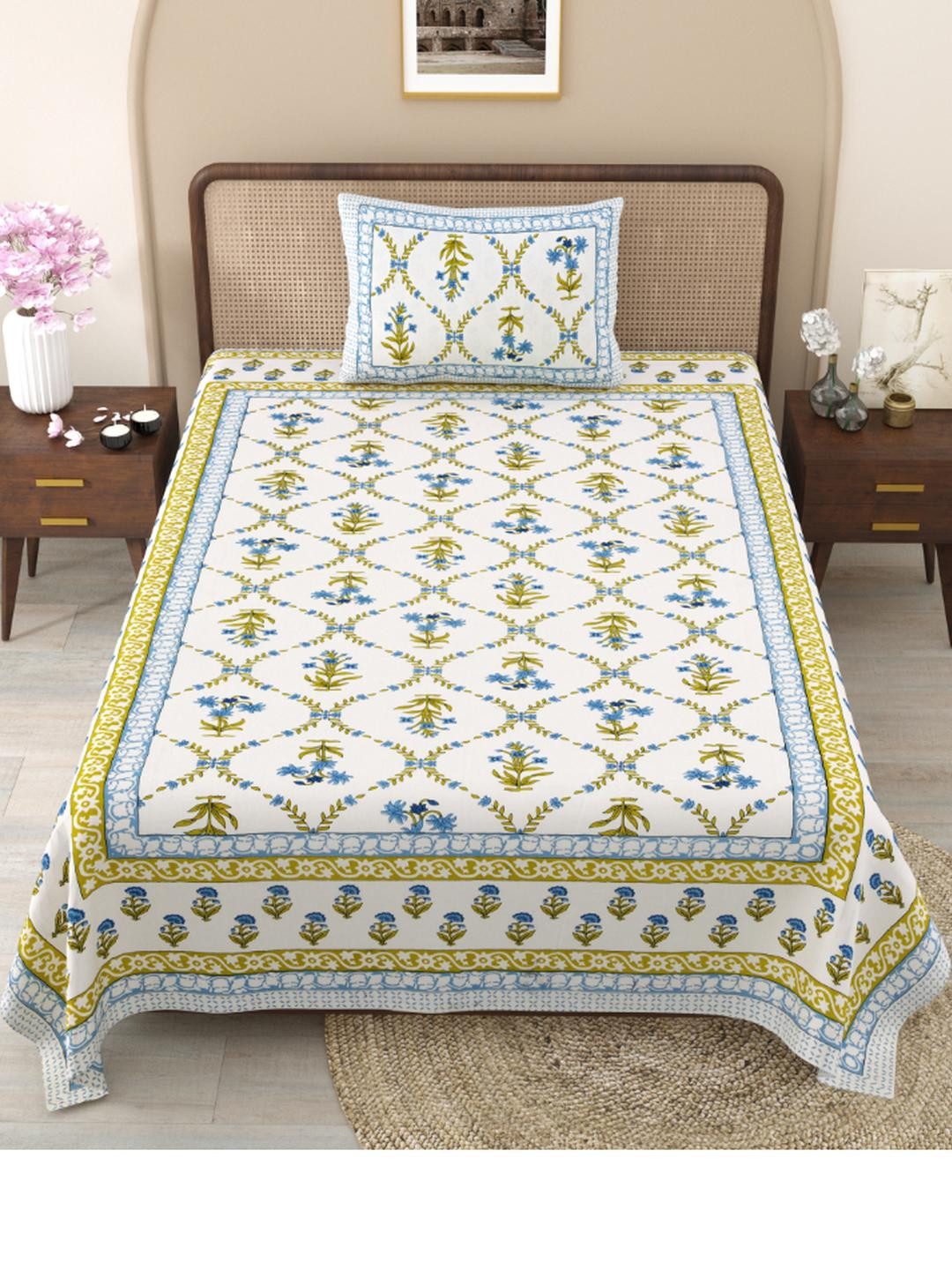 Shubastik Off White & Mustard Floral 210 TC Pure Cotton Single Bedsheet &1 Pillow Cover