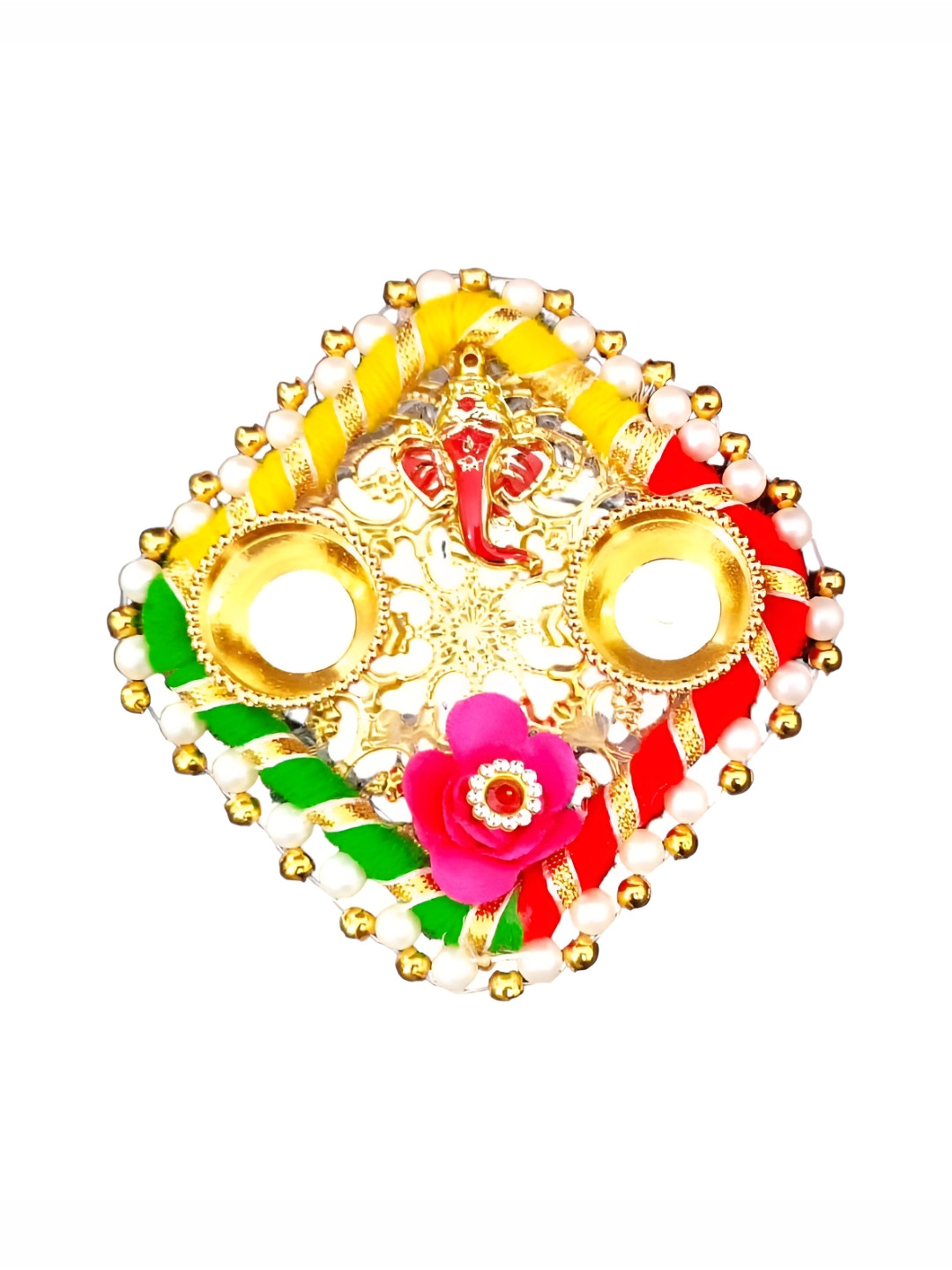 PUFFSMART Yellow & Pink Textured Flower Haldi Kumkum Stand