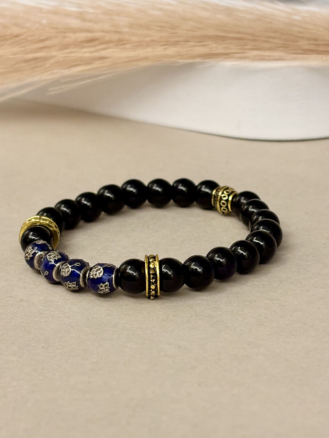 SANAA CREATIONS Unisex Onyx, Lapis & Filigree Accent Stones Studded Elasticated Bracelet