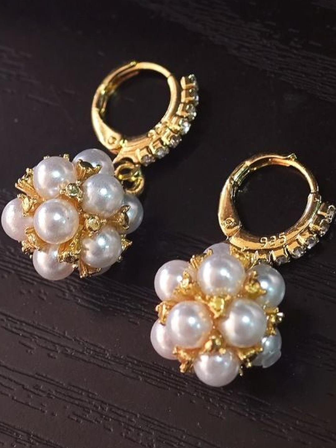 Anouk Gold-Plated American Diamond Studded And Pearls Beaded Korean Circular Hoop Earrings