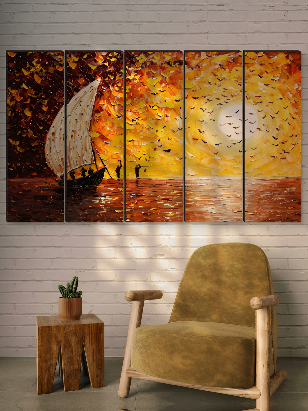 Myntra Elegant Homes Yellow & White 5 Pieces Sunset Boat MDF Wooden Wall Art