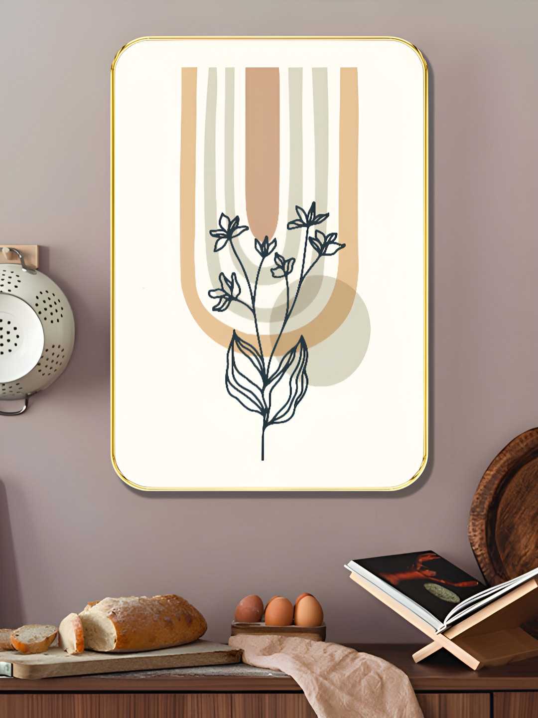 SAF Cream & Brown Minimalist Botanical Line Printed Wooden Wall Art