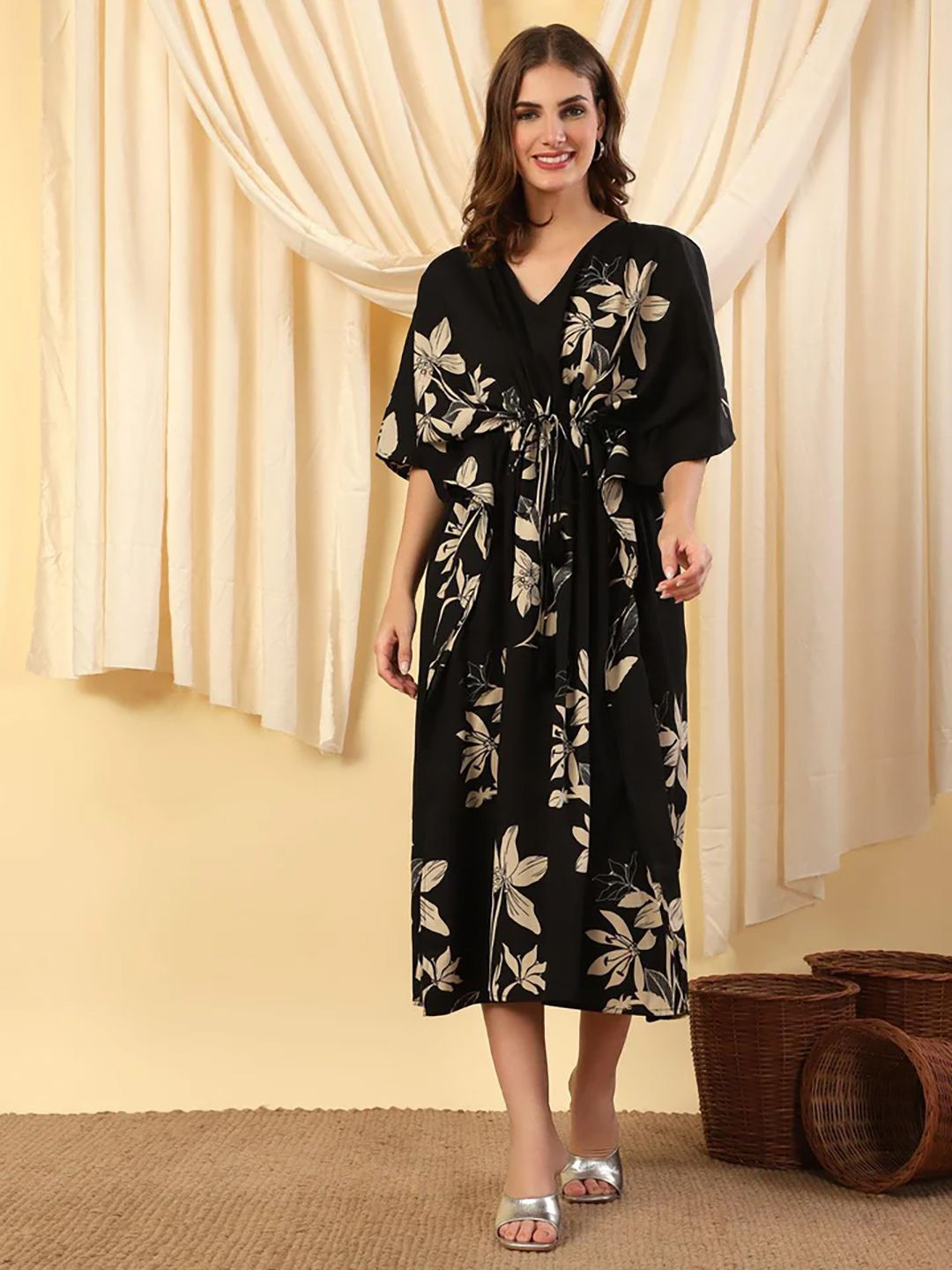 House of Kaftan Women Floral Print Kimono Sleeve Kaftan Midi Dress