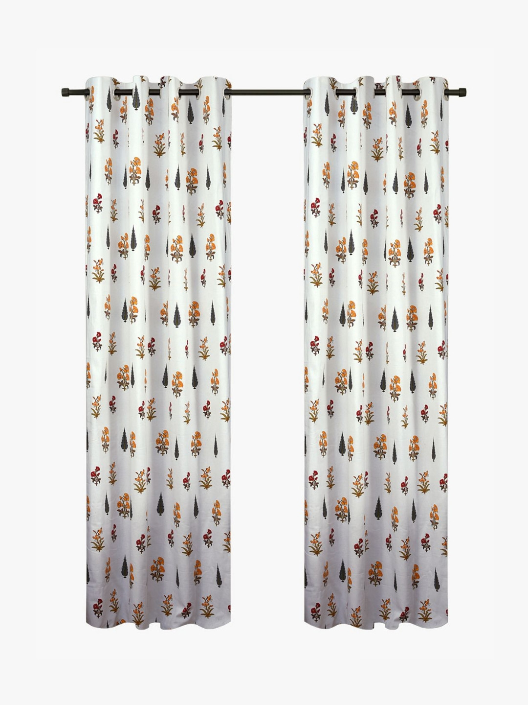 Aura White & Orange 2 Pieces Floral Printed Cotton Window Curtains