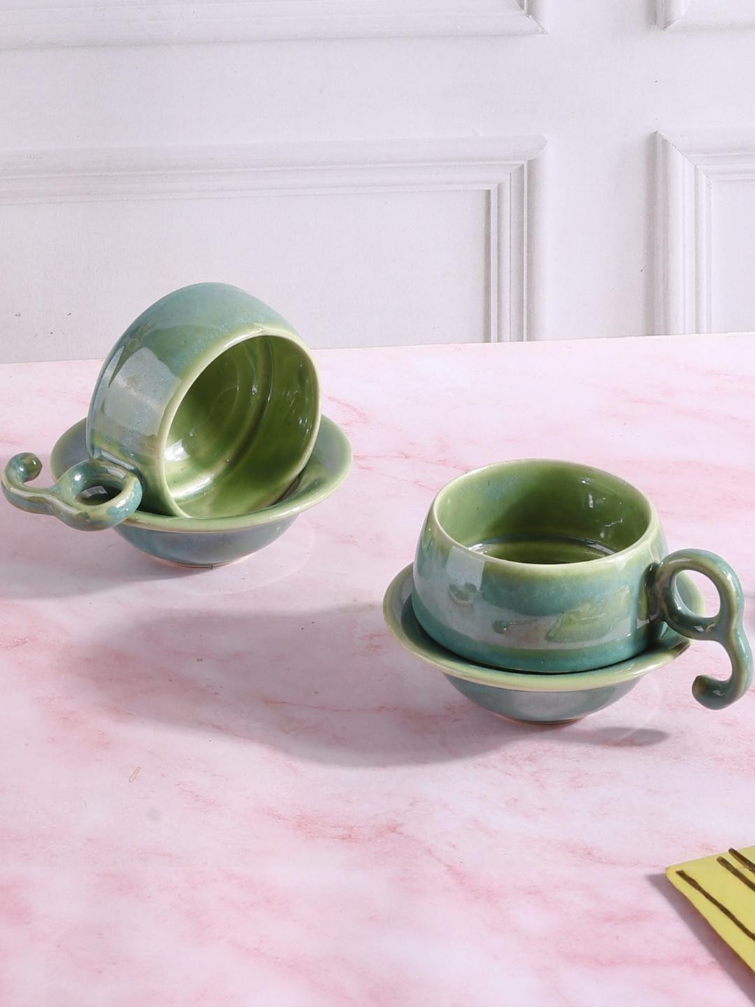 Olive Home Accents Green Hand Painted Solid Stoneware Glossy Cups Set of Cups and Mugs