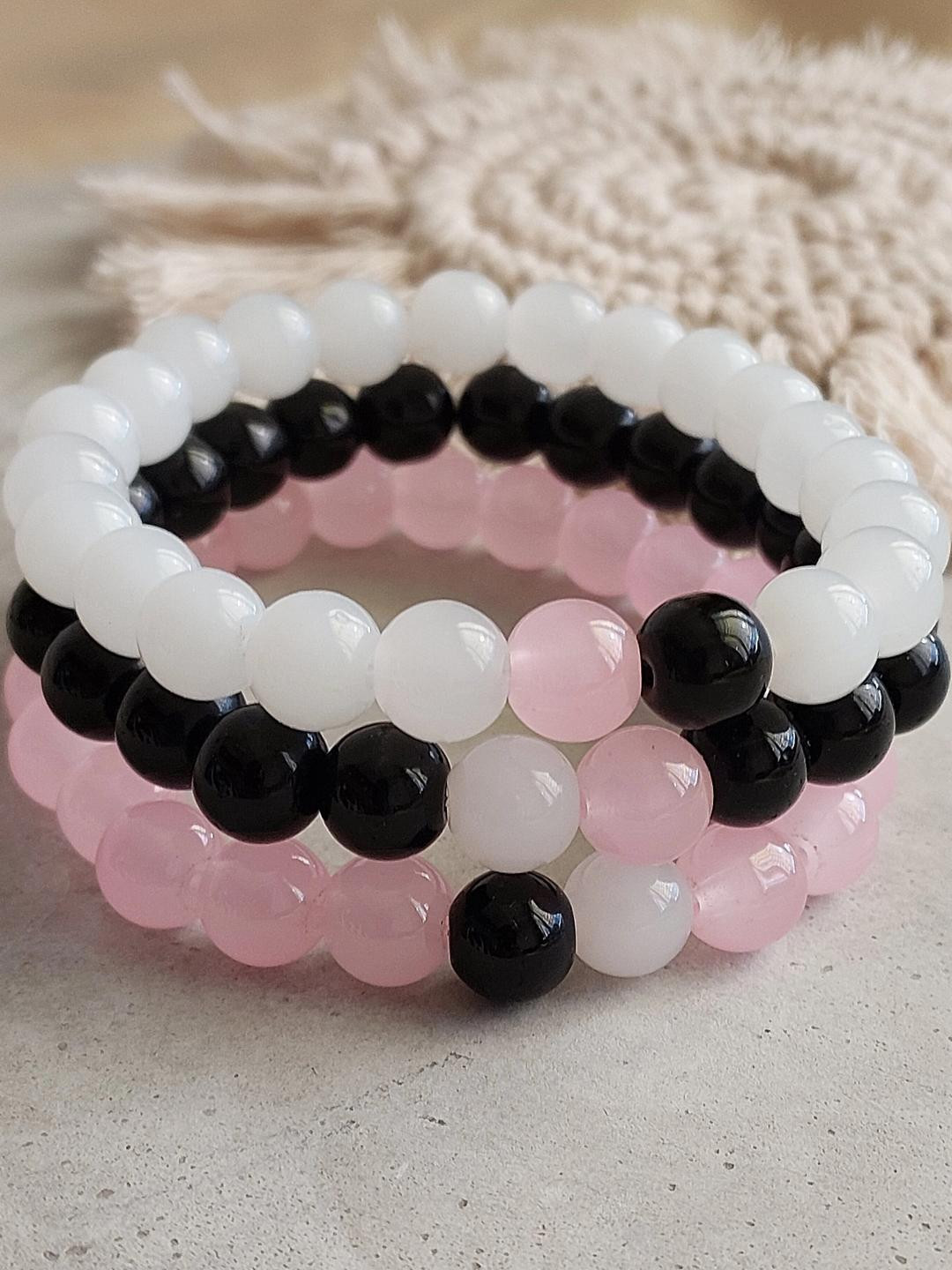 Rodya Unisex White Black & Pink Set Of 3 Elasticated Ceramic Bracelet