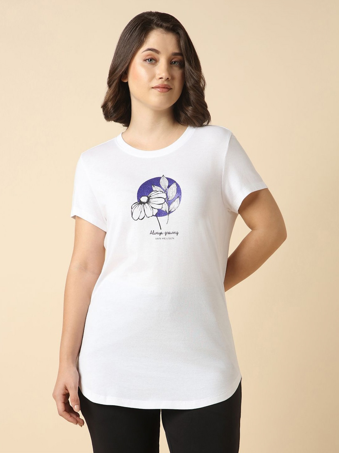 Van Heusen Women Graphic Printed Round Neck Cotton Relaxed Fit T-shirt