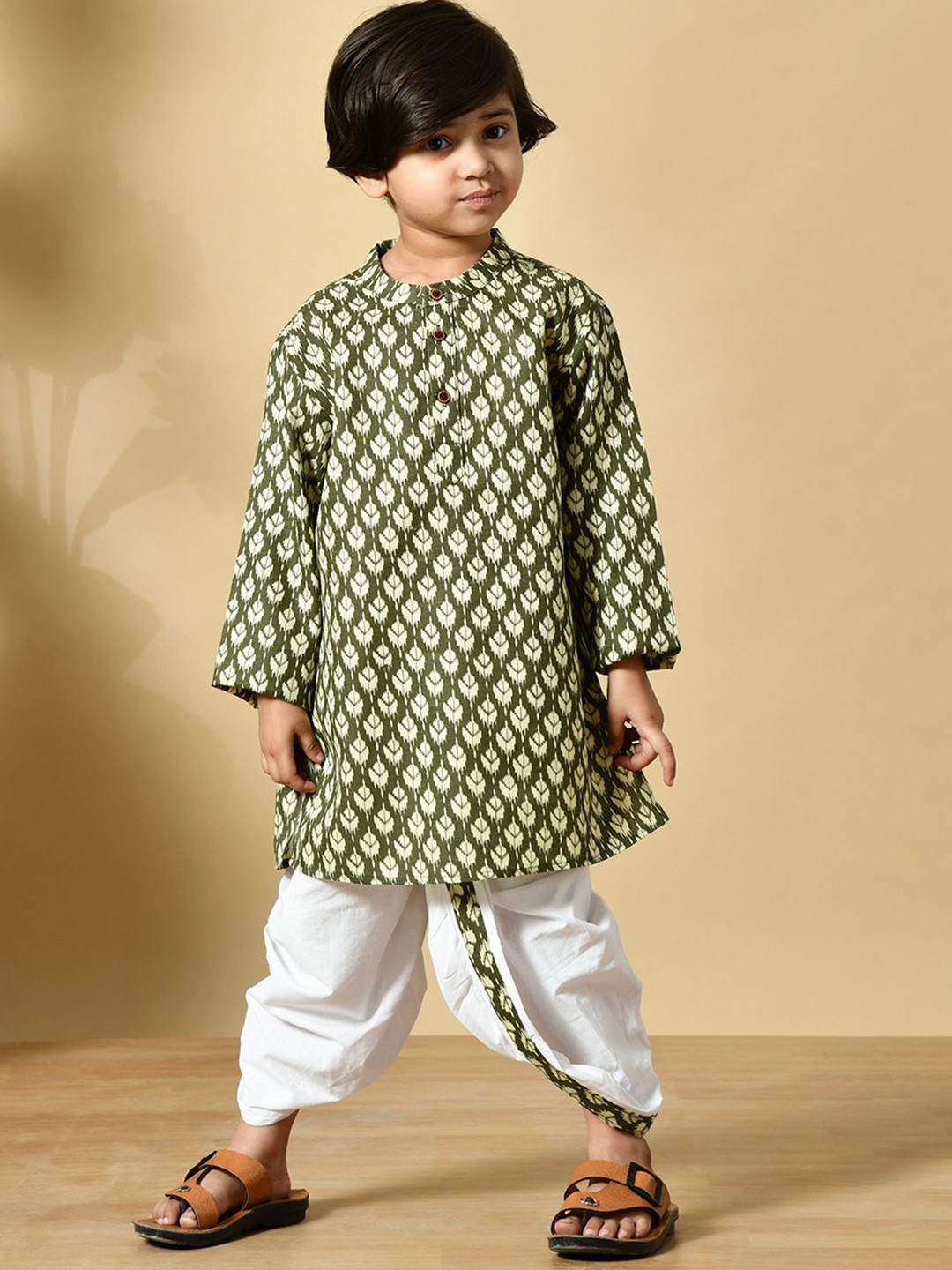 MoMaa Boys Textured Printed Cotton Kurta with Dhoti Pant