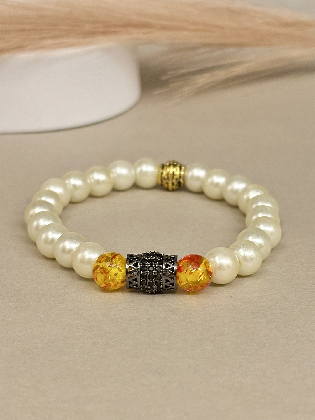 SANAA CREATIONS Unisex Crimson Stone Onyx & Opal Stones Studded Elasticated Bracelet