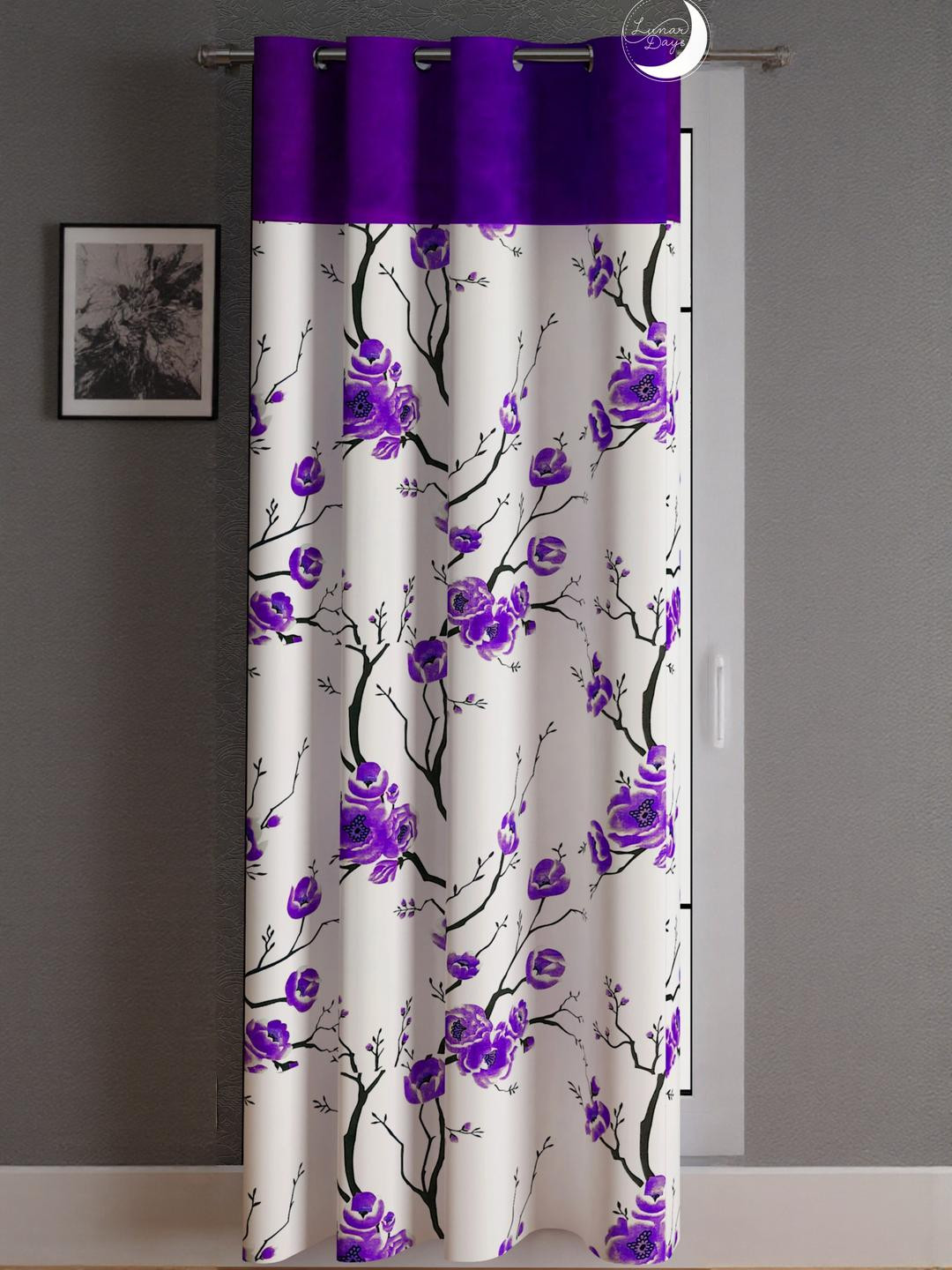 Lunar Days Purple White Floral Printed Polyester Eyelet Curtain for Window or Door