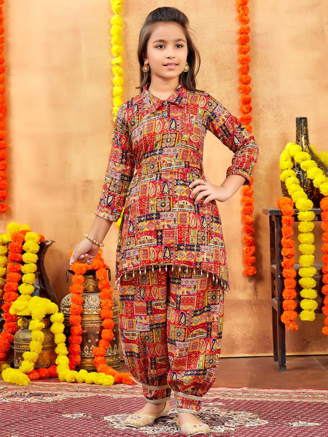 Muhuratam Girls Red Pure Cotton Kurta Sets