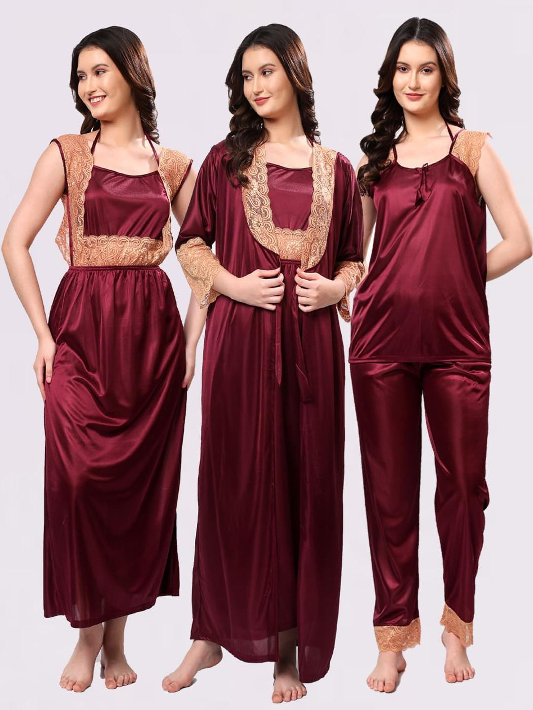 NIGHT KEYS Women Wine Soild Satin Nighty With Robe & Night Suit