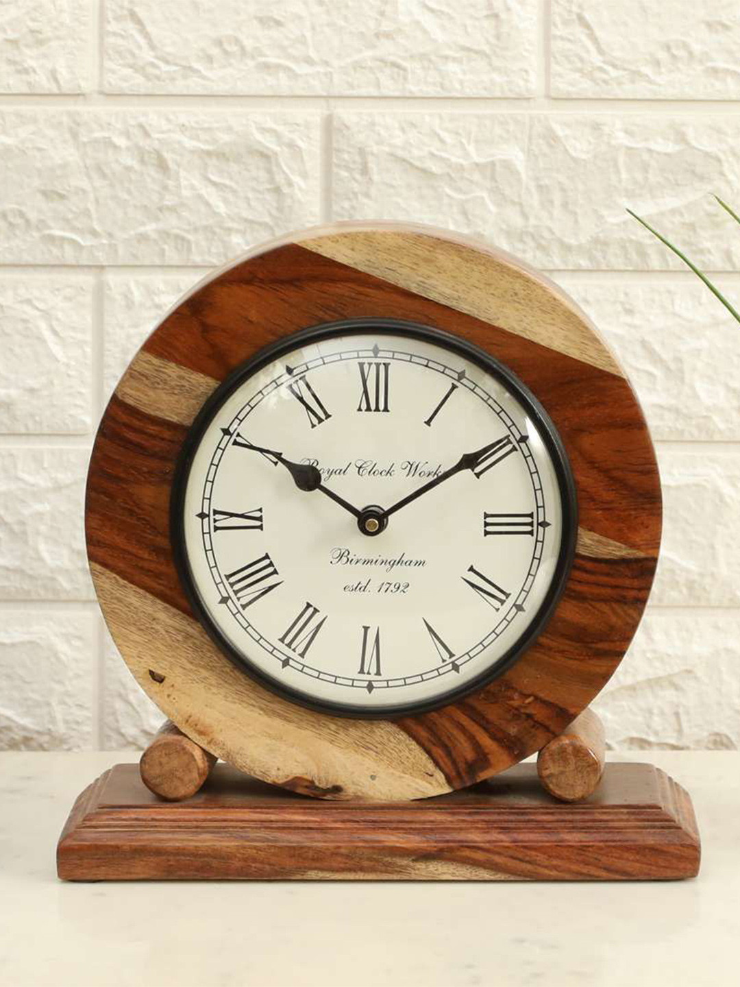 vedas C-Ezra Brown & White Heritage Wooden Polished Table Clock With Dial