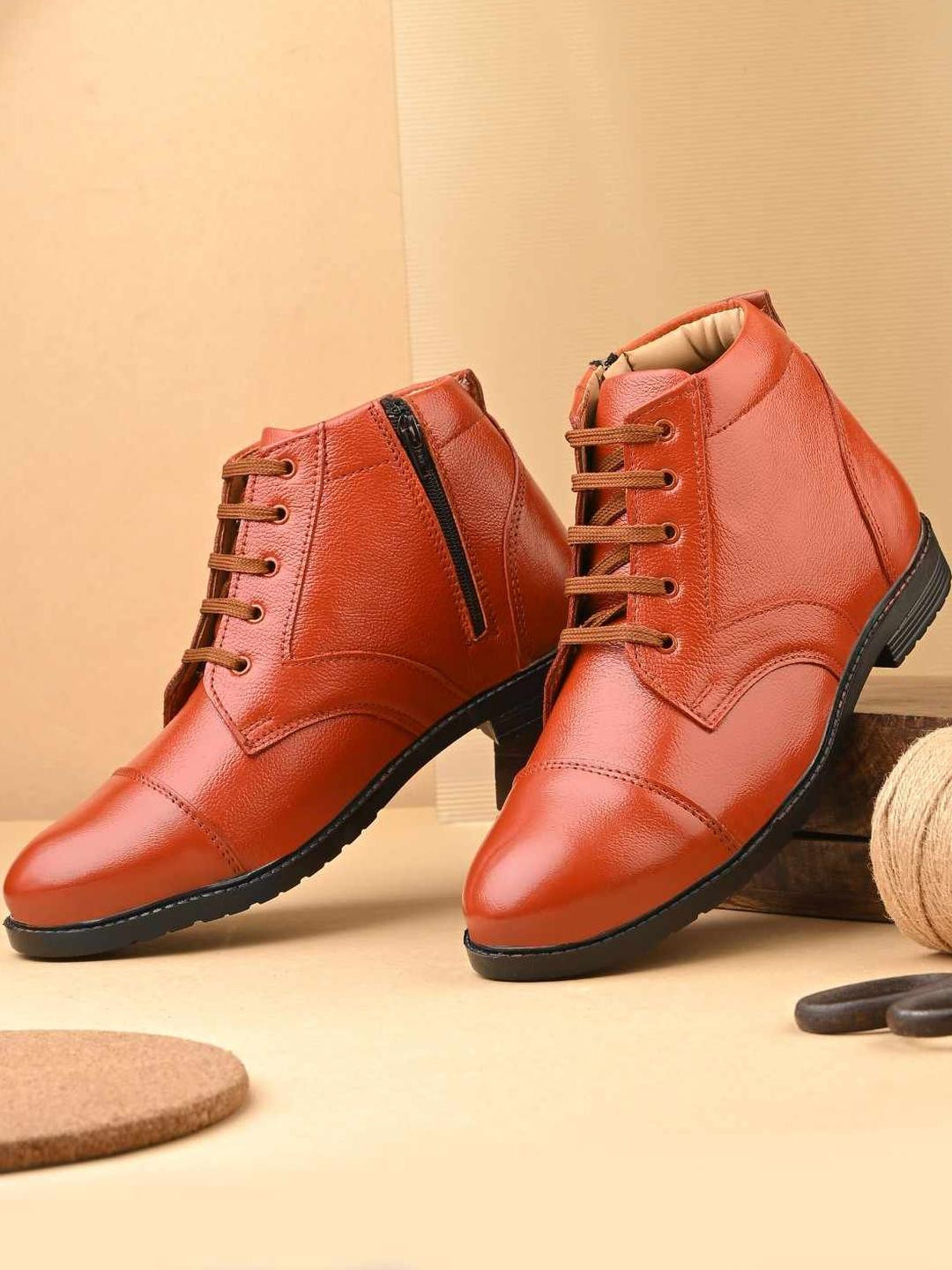 SHOE DAY Men Tan Leather Lace Up Round Toe With Cushioned Foot Bed Boots