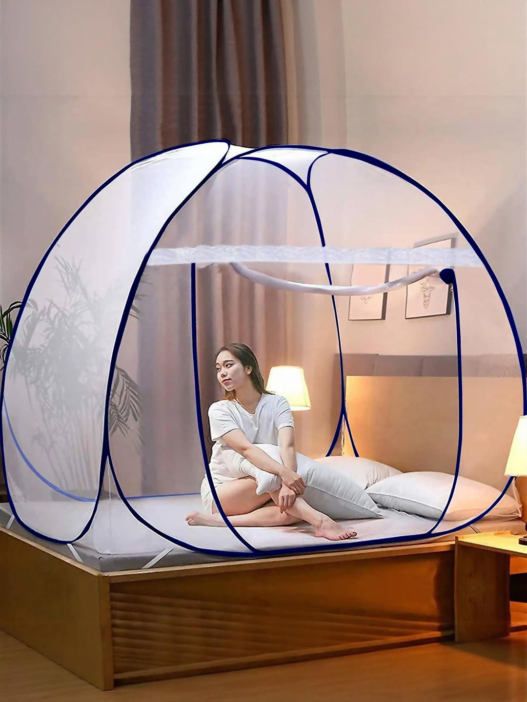 GK-JLPV Navy Blue & White King Size Foldable Tent Mosquito Net