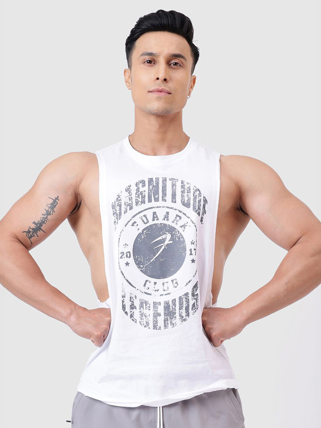 FUAARK Printed Pure Cotton Round Neck Tank Vest Magnitude Deep Arm White-S