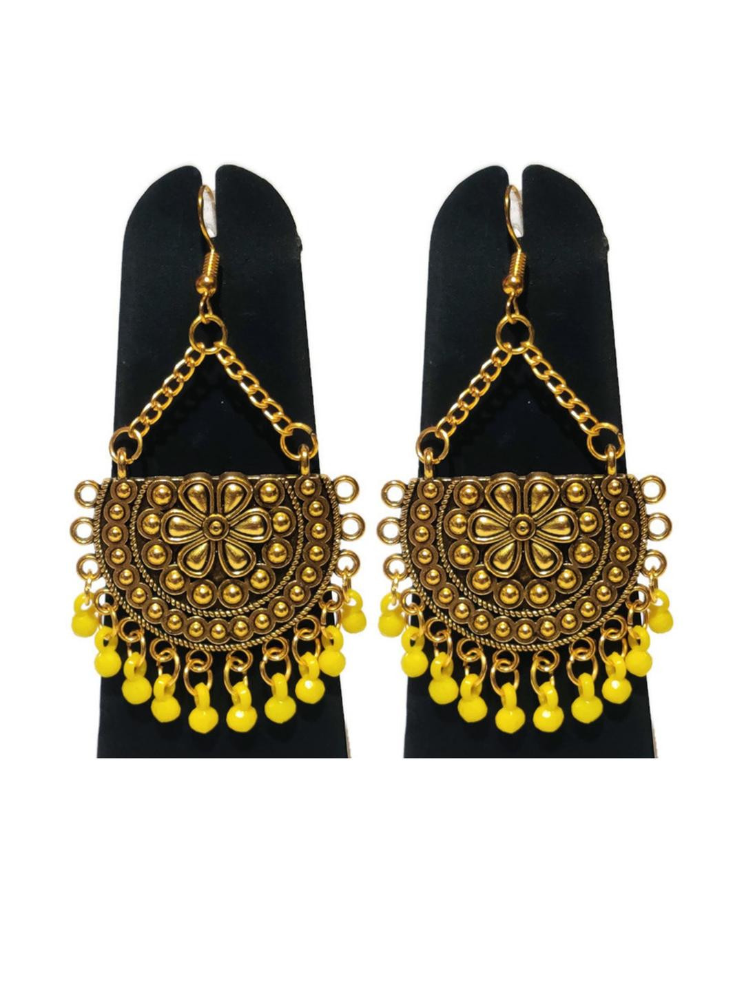 Weariton Women Silver Yellow Beaded Half Moon Chand Earrings