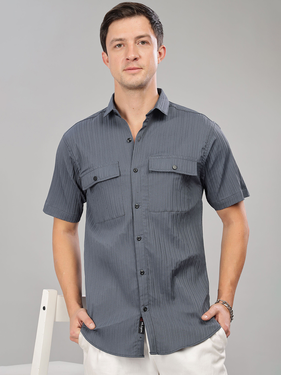 7TH LEGION Smart Textured Striped Spread Collar Double Pocket Casual Shirt