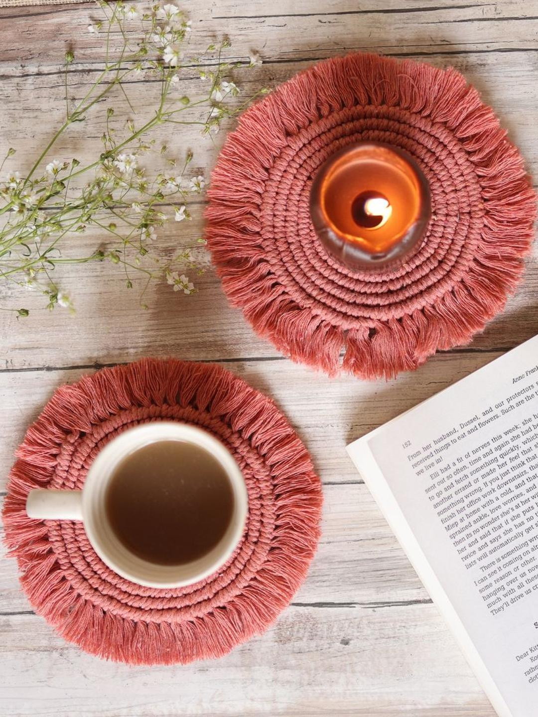 Sarmaya - The Handcraftes Tales Macrame Peach Table Coasters - Set of 2