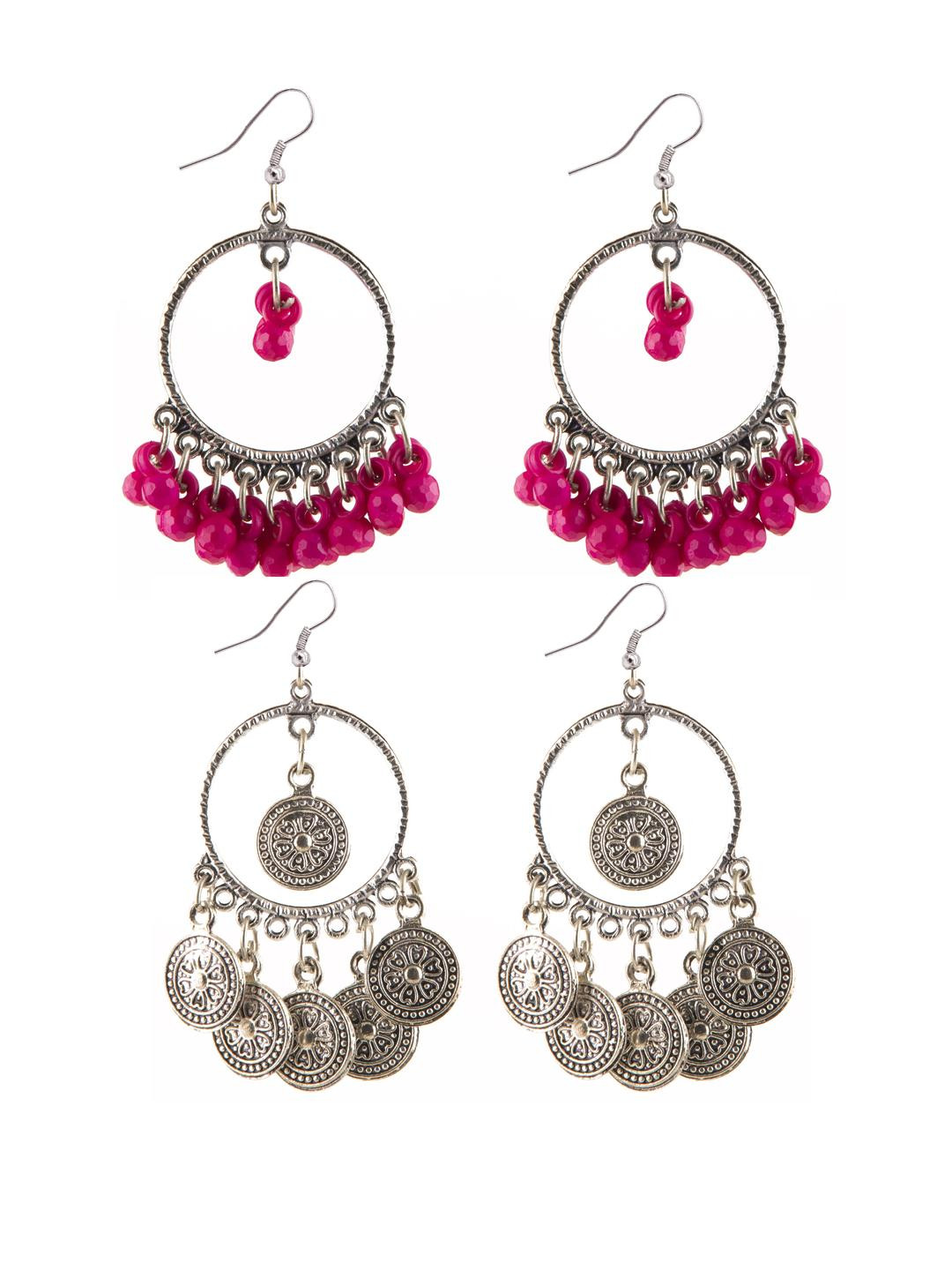 Combo Silver Oxidize Pink & Coins Earrings for Girls